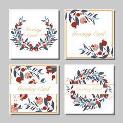 Fototapeta na wymiar Set hand drawn vector illustration greeting cards with pomegranate and Leaves. Modern universal artistic templates. Wreath with plant leaves and fruit. Judaism shana tova holiday. Vector illustration.