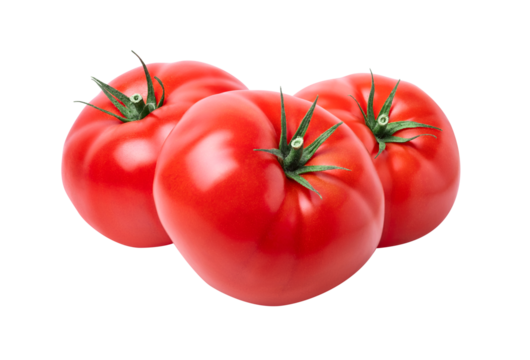 Tomatoes vegetable isolated on white or transparent background. Three fresh tomatoes.