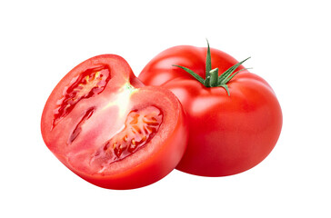 Tomato vegetables isolated on white or transparent background. Two fresh tomatoes whole and cut half. - obrazy, fototapety, plakaty