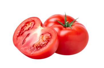 Tomato vegetables isolated on white or transparent background. Two fresh tomatoes whole and cut half.