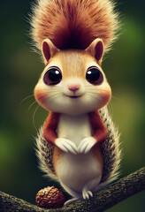 cute fluffy red squirrel sitting on a tree, cartoon character, 3d rendering
