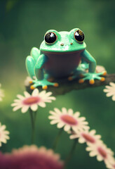 cute little green frog sitting in flowers, cartoon character