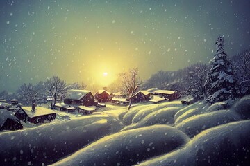 Countryside in winter. Cottage village covering with snow in winter cloudy day after snowfall. Beautiful rural landscape, rustic scenery with small houses on hillside at forest edge. Panoramic view.