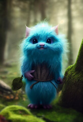 cute fluffy forest troll gremlin cartoon character on forest background, 3d rendering
