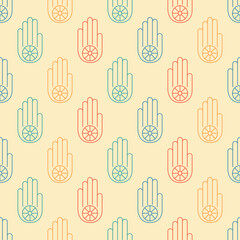 Seamless pattern with Ahimsa hand. Symbol of Jainism in retro color. Symbol of Ahimsa. Non-violence concept. Vintage design for print on fabric, wrapping paper, wallpaper. Vector illustration