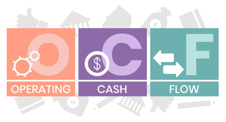 OCF - operating cash flow. Platform. business concept background. Vector illustration for website banner, marketing materials, business presentation, online advertising