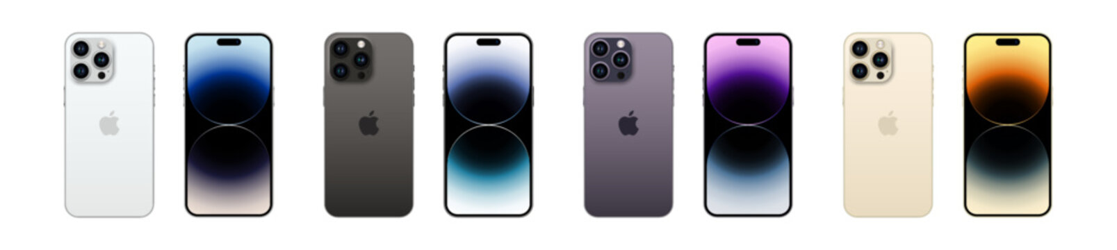 Rivne - October 10, 2022. Set of Iphone 14 pro max models in silver, black, purple and gold colors. Iphone wallpapers. Vector mockup.