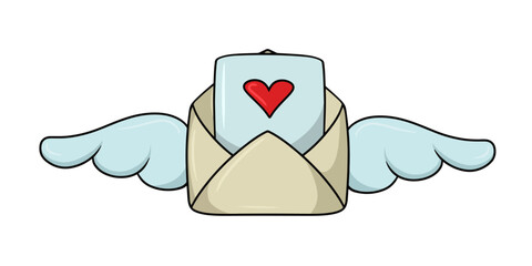 Romantic envelope with wings for a declaration of love, vector cartoon