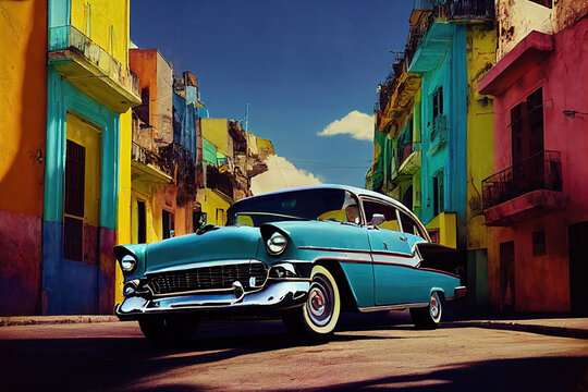 AI generated image of a classic American car parked in a colorful street in Havana, Cuba 