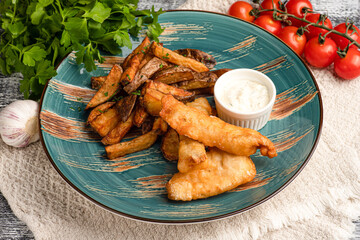 Fish and Chips, Fish and Chips snack on a wooden white background