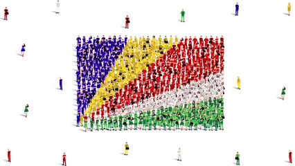 Seychelles Flag. A large group of people form to create the shape of the Seychelles flag. 4K Animation Video.