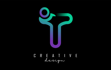Outline letter T logo with dot and gradient design. Vector Illustration with geometric design.