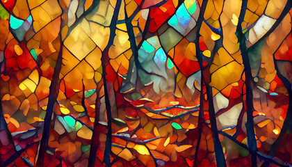 Colorful stained glass window. Abstract stained-glass background. Art Nouveau decoration for interior. Vintage pattern.