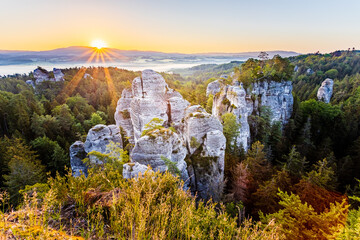 Rough rock at sunrise from the lookout at Lvíček. Hruboskalsko is a nature reserve and belongs to...