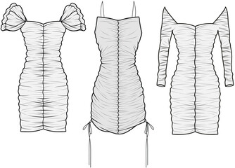 Ruched Dress, Gathered Bodycon Dress, Tight Party Dress Set Fashion Illustration, Vector, CAD, Technical Drawing, Flat Drawing, Template, Mockup.