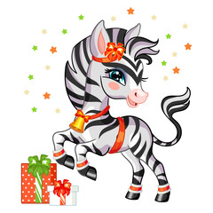 Christmas cute zebra with gifts vector illustration