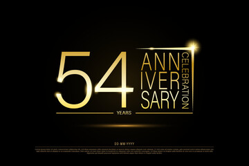 54 years golden anniversary gold logo on black background, vector design for celebration.