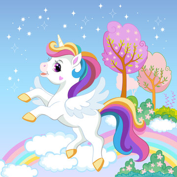 Cute rainbow sky unicorn vector isolated illustration