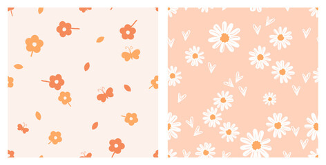 Seamless pattern with cute spring flower, butterfly cartoons, white daisies and hand drawn hearts on orange backgrounds vector illustration. Cute floral prints.