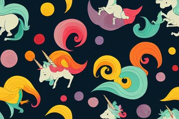 Unicorns on a dark background with a fairy forest. Seamless pattern.