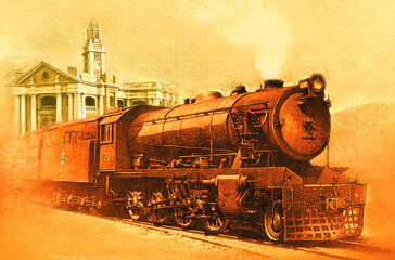 Fototapeta na wymiar Vintage steam locomotive, illustration, train, old