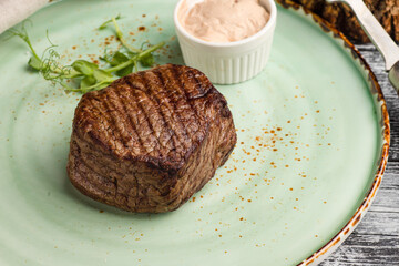 Steak, beef steak, grilled beef on a wooden white background