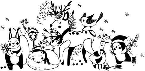Black and white a funny reindeer, cute arctic penguin in a hat on skates, sleeping wolf, squirrel, leaves and other. Concept Christmas and New Year.Perfect for greeting cards, poster, postcard, banner