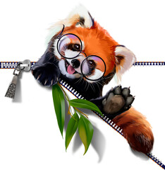 Red Panda in round glasses and bamboo branch - 537053356