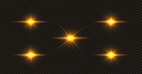 Fototapeta na wymiar Set of shining golden stars. Light Effect Bright Star, Christmas Star.