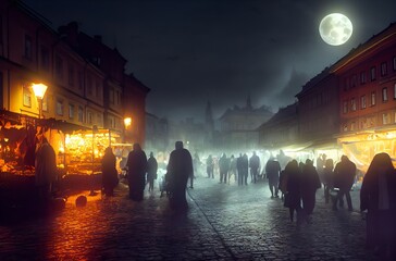Illustration 3d, holiday of the dead celebrated in a Polish city. The streets of the town square illuminated by the dramatic light of lanterns. Zaduszki, Poland. Full moon and walking dead people