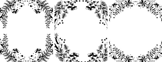 Black and white Christmas border with flowers poinsettia, leaves, winter berries, spruce branch. Concept Christmas and New Year. Perfect for greeting cards, poster, banner. Vector