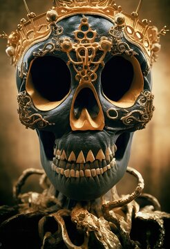 Photorealistic Halloween pumpkin in the shape of a human skull with gold elements , dark background, Jack o Lantern,  3d illustration