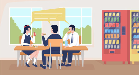 Students in uniforms on break flat color raster illustration. School cafeteria space. Lunch time. Pupils eating snacks from vending machine 2D cartoon characters with window on background
