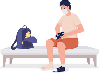 Pupil preparing for gym semi flat color raster character. Sitting figure. Full body person on white. Sports class isolated modern cartoon style illustration for graphic design and animation
