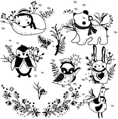 Black and white a sleeping wolf in a hat, cute arctic penguin, funny arctic bear, winter wreath, goose, owl, leaves and berries. Concept Christmas and New Year. Vector