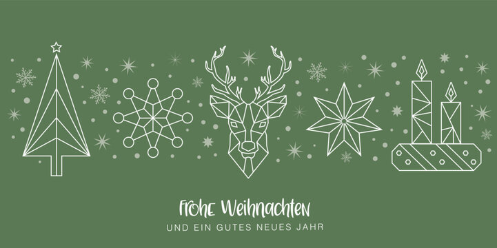 Frohe Weihnachten mit Stern, Kerzen, Rentier und Weihnachtsbaum - Grußkarte mit Ornamneten auf grünem Hintergrund. Deutscher Text