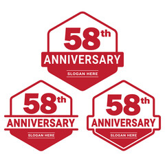 Set of 58 years Anniversary logotype design. 58th birthday celebration logo collection. Set of anniversary design template. Vector illustration. 