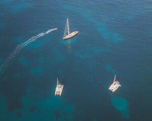 Aerial view of a sailboat, Port Andratx, Mallorca, Spain.