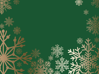 Fototapeta na wymiar golden snowflakes on dark green ground with space for text background