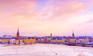 View of Stockholm, Sweden at sunrise in winter.