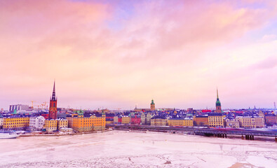 Fototapeta premium View of Stockholm, Sweden at sunrise in winter.