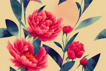 Abstract seamless background with watercolor texture 2d. Peony flower flower with brush stroke illustration in vintage style. Pastel colorful concept.