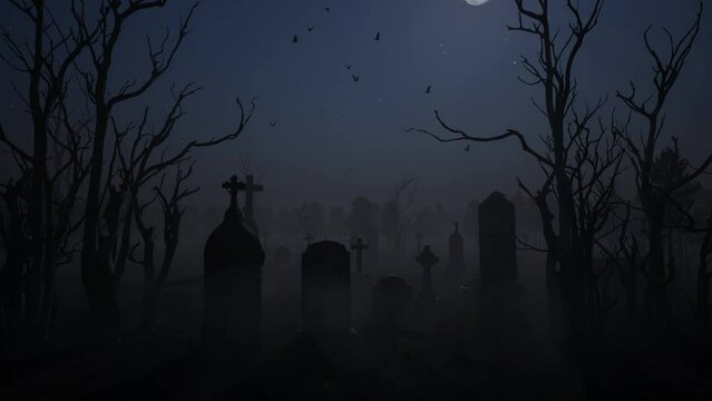 3d illustration. Birds are circling over an old abandoned cemetery under a full moon.