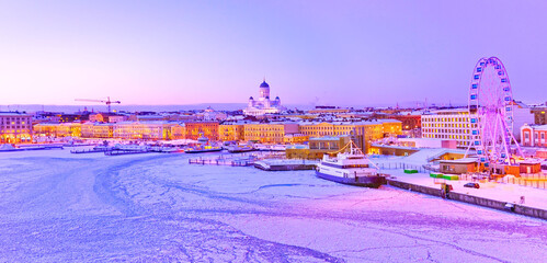 View of the icy harbor at dusk in winter in Helsinki, Finland. - 537057708
