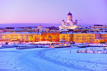 View of the icy harbor at dusk in winter in Helsinki, Finland. - 537057721