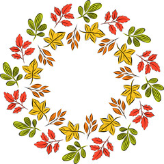 Obraz premium Colorful Autumnal wreath in round frame with leaves foliage. Simple cartoon flat style. Autumn composition. Holiday concept. Celebration banner. Thanksgiving day. Isolated on white.