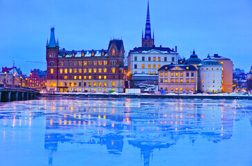 View of Stockholm, Sweden at dusk in winter.