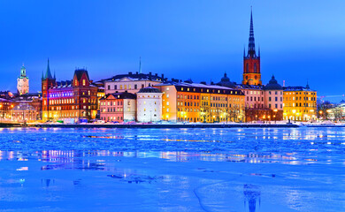 Fototapeta premium View of Stockholm, Sweden at night in winter.