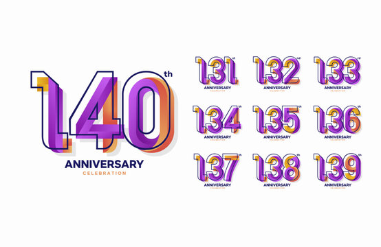 Colorful anniversary celebration logotype set. 131, 132, 133, 134, 135, 136, 137, 138, 139, 140
