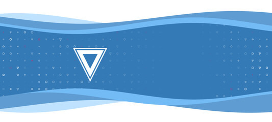 Blue wavy banner with a white give way symbol on the left. On the background there are small white shapes, some are highlighted in red. There is an empty space for text on the right side